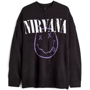 H&M Jacquard Knit Black Oversized Nirvana Sweater sz XS RARE LAST